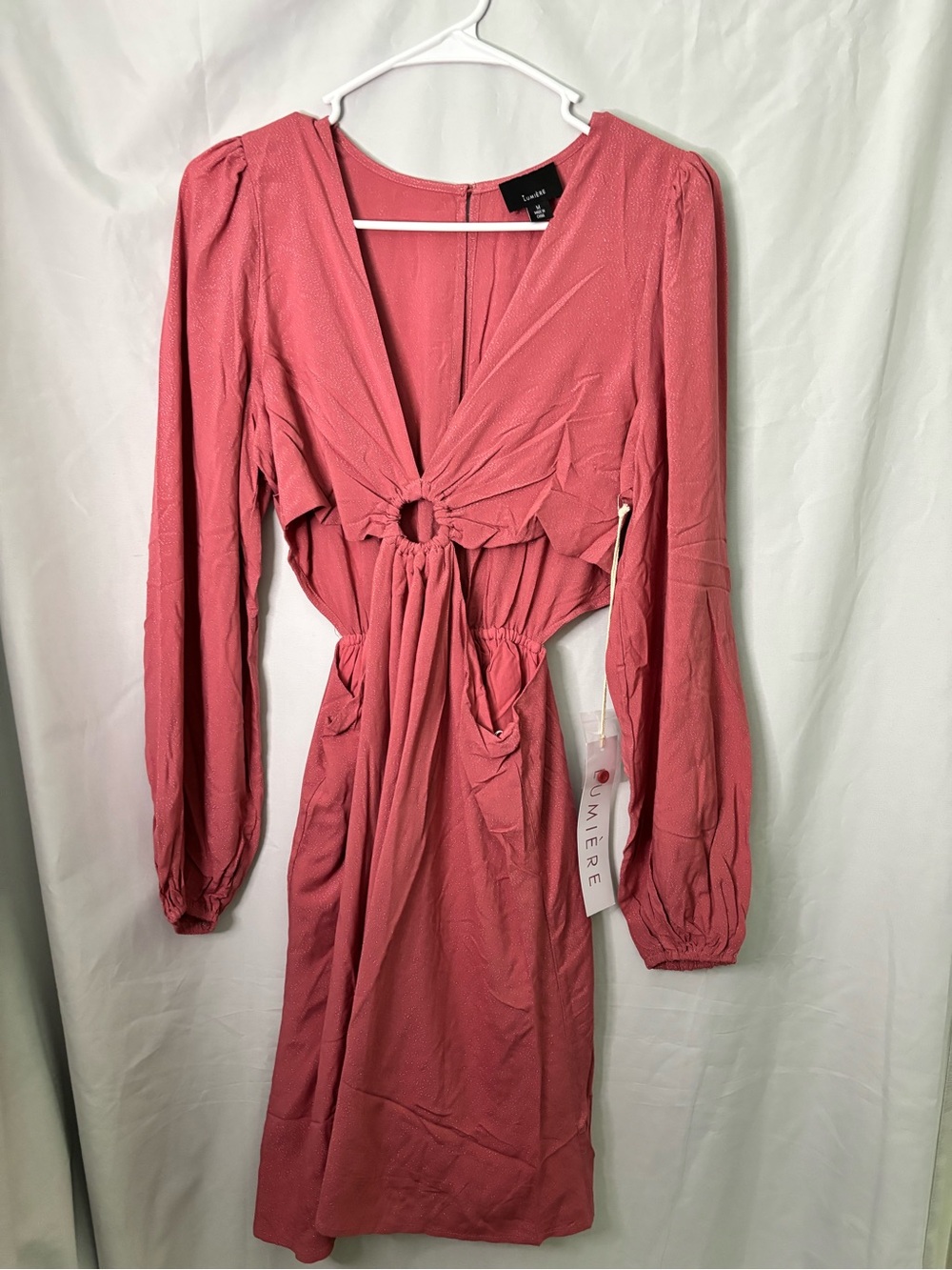Lumiere Shimmering-Blush Pink Ring Front Long Sleeve Dress